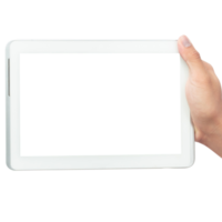 Hand holding tablet computer with screen mockup png