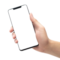 main tenant un smartphone avec une maquette d'écran png