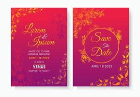 elegante plantilla de tarjeta de invitación de boda ceremonia de celebración conjunto de recepción floral decoración de hojas de naranja con texto vector