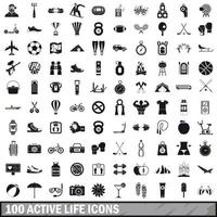 100 active life icons set in simple style vector