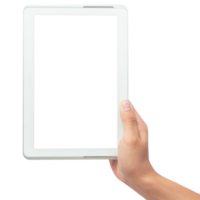 Hand holding tablet computer with screen mockup png