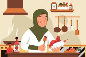 mujer hijab cocinar salsa ilustración plana vector