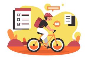 el trabajador va a la oficina usando una ilustración plana de bicicleta vector