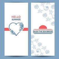 A set of vector banner templates in nautical style. Rope in the shape of a heart. Shells and starfish drawn by hand in sketch style. Sunset of the sun. Greeting card. Beach party