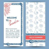 Set of vector banner templates in nautical style. Rope with knots. Hand drawn seashells and starfish doodle in sketch style. Greeting card. Beach party. Rope borders
