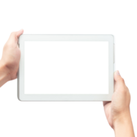 Hand holding tablet computer with screen mockup png