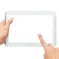 Hand holding tablet computer with screen mockup png