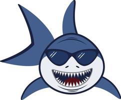 Cute Cartoon Drawing Vector of a Blue and White Shark with Sharp Teeth and Sunglasses on a White Background