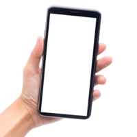 Hand holding smartphone with screen mockup png