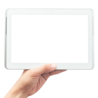 Hand holding tablet computer with screen mockup png