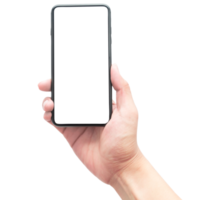 main tenant un smartphone avec une maquette d'écran png