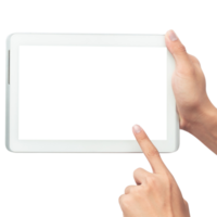 Hand holding tablet computer with screen mockup png