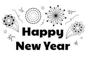 Happy New Year Lettering with Burst Fireworks. Monochrome Festive label template. Vector illustration.