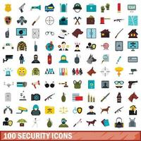 100 security icons set, flat style vector