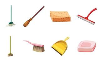 Cleaning tools icon set, cartoon style vector