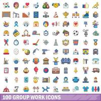100 iconos de trabajo en grupo, estilo de dibujos animados vector