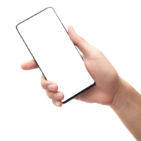 Hand holding smartphone with screen mockup png