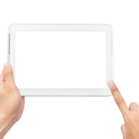 Hand holding tablet computer with screen mockup png