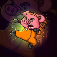 el cerdo kung fu enojado está atacando con el diseño del logotipo de la mascota punch esport vector