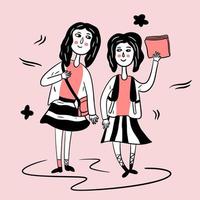 two girls going to school together illustration vector
