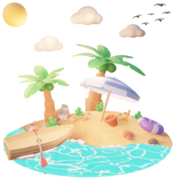 zomerillustratie op het strand met boompalm en strandhulpmiddelen 3d illustratie png