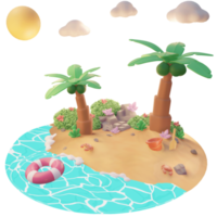 Summer illustration on the beach with tree palm and beach tools 3d illustration png