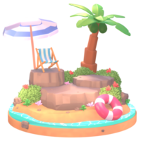 sommerillustration am strand mit baumpalme und strandwerkzeugen 3d-illustration png