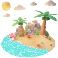 ilustración de verano en la playa con palmeras y herramientas de playa ilustración 3d png