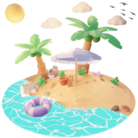 ilustração de verão na praia com palmeiras e ferramentas de praia ilustração 3d png