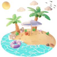 Summer illustration on the beach with tree palm and beach tools 3d illustration png