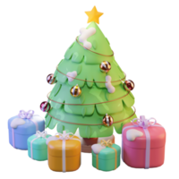 L'illustration 3d, l'arbre de noël et les cadeaux, avec étoile, peuvent être utilisés pour le web, l'application, l'infographie, la publicité, etc. png