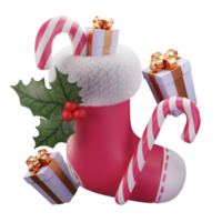 ilustração 3d, meias de natal com doces e presentes, uso para web, app, infográfico, impressão etc png