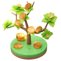 Illustration de rendu 3d d'une entreprise en pleine croissance, avec arbre et pièce de monnaie, utilisée pour le Web, l'application, etc. png