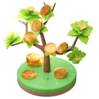 Ilustración de representación 3d de negocios en crecimiento, con árbol y moneda, utilizada para web, aplicación, etc. png