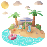 illustrazione estiva sulla spiaggia con palma da albero e strumenti da spiaggia illustrazione 3d png