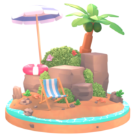 illustrazione estiva sulla spiaggia con palma da albero e strumenti da spiaggia illustrazione 3d png