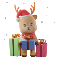 Illustrazione di rendering 3d, renna di Natale con confezione regalo, utilizzata per web, app, infografica, pubblicità, ecc png