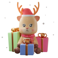Illustrazione di rendering 3d, renna di Natale con confezione regalo, utilizzata per web, app, infografica, pubblicità, ecc
