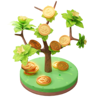 3D-rendering illustratie van groeiend bedrijf, met boom en munt, gebruikt voor web, app enz png