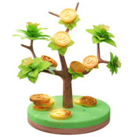 Ilustración de representación 3d de negocios en crecimiento, con árbol y moneda, utilizada para web, aplicación, etc. png