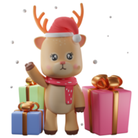 Illustrazione di rendering 3d, renna di Natale con confezione regalo, utilizzata per web, app, infografica, pubblicità, ecc