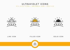 Ultraviolet icons set vector illustration with solid icon line style. Sunscreen protection concept. Editable stroke icon on isolated white background for web design, user interface, and mobile app