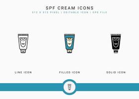 iconos de crema spf establecen ilustración vectorial con estilo de línea de icono sólido. concepto de protección ultravioleta. icono de trazo editable sobre fondo blanco aislado para diseño web, interfaz de usuario y aplicación móvil vector