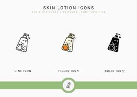 Skin Lotion icons set vector illustration with solid icon line style. Ultraviolet protection concept. Editable stroke icon on isolated white background for web design, user interface, and mobile app