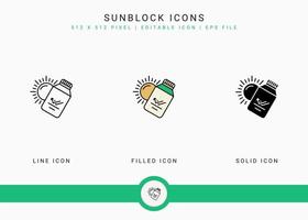 iconos de bloqueador solar establecen ilustración vectorial con estilo de línea de icono sólido. concepto de protección ultravioleta. icono de trazo editable sobre fondo blanco aislado para diseño web, interfaz de usuario y aplicación móvil vector