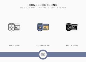 iconos de bloqueador solar establecen ilustración vectorial con estilo de línea de icono sólido. concepto de protección ultravioleta. icono de trazo editable sobre fondo blanco aislado para diseño web, interfaz de usuario y aplicación móvil vector