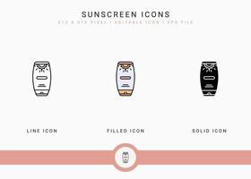 Sunscreen icons set vector illustration with solid icon line style. Ultraviolet protection concept. Editable stroke icon on isolated white background for web design, user interface, and mobile app