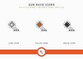 Sun rays icons set vector illustration with solid icon line style. Ultraviolet protection concept. Editable stroke icon on isolated white background for web design, user interface, and mobile app
