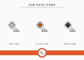 los iconos de los rayos solares establecen la ilustración vectorial con un estilo de línea de icono sólido. concepto de protección ultravioleta. icono de trazo editable sobre fondo blanco aislado para diseño web, interfaz de usuario y aplicación móvil vector