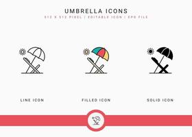 Umbrella icons set vector illustration with solid icon line style. Sunscreen shield concept. Editable stroke icon on isolated white background for web design, user interface, and mobile application